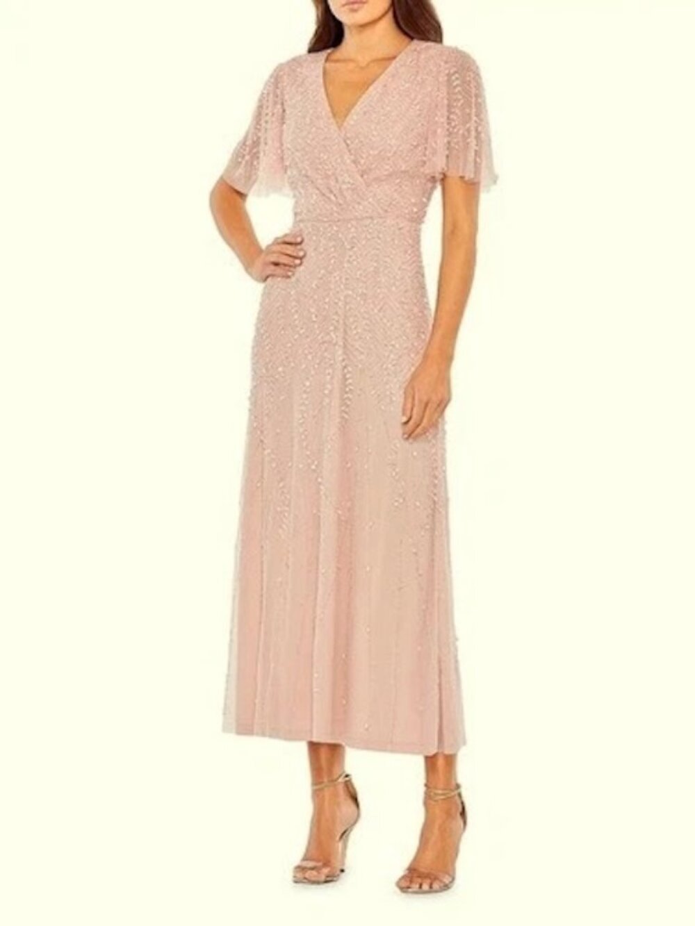 Mac Duggal Rose Pink Beaded Wrap Over Butterfly Sleeve Dress